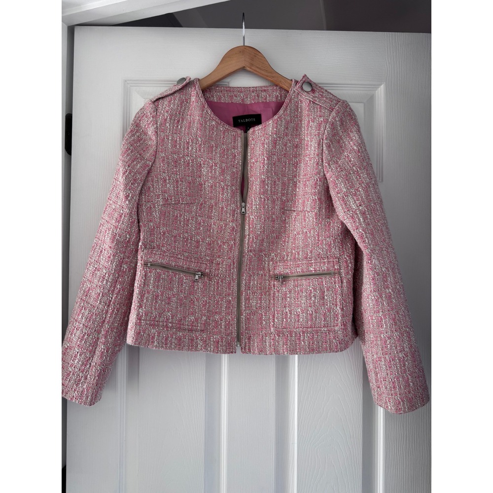 Talbots‎ Petites Pink White Tweed Zip-Up Jackie Blazer Jacket